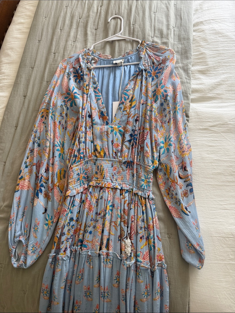 HEMANT & NANDITA Light Blue Floral Long Sleeve Maxi Dress